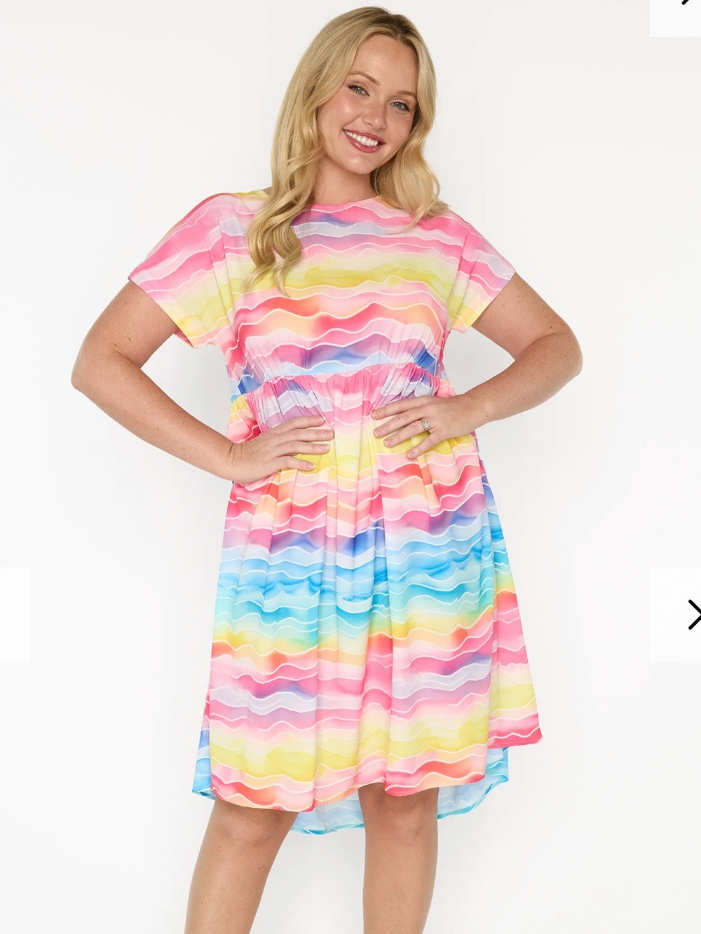 Rainbow Wave Short Sleeve Mini Dress - Pink Multi
